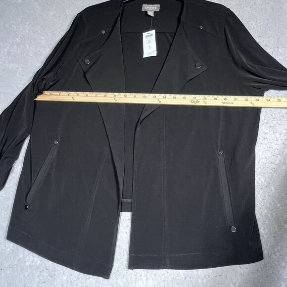 Chicos Cardigan Womens Sz 3 Large Black Roll Tab Long Sleeve Drape Open Front - Picture 7 of 13